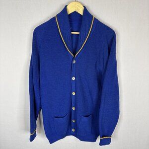 Vintage 1960s Royal Blue Shawl Collar Cardigan Yellow Trim Men M Curling Preppy